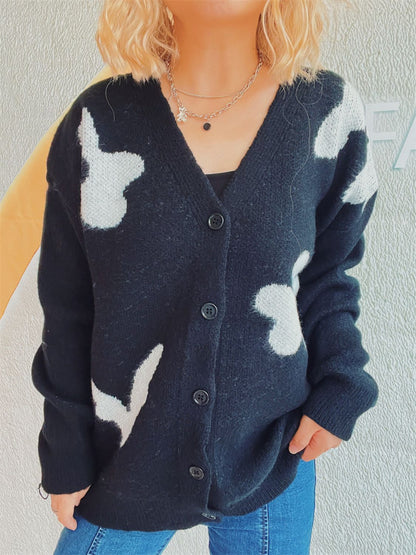 Flower Button Down V-Neck Long Sleeve Cardigan-Angel Casuals