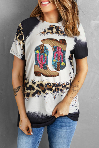 Sequin Boots Leopard Round Neck Short Sleeve T-Shirt-Angel Casuals