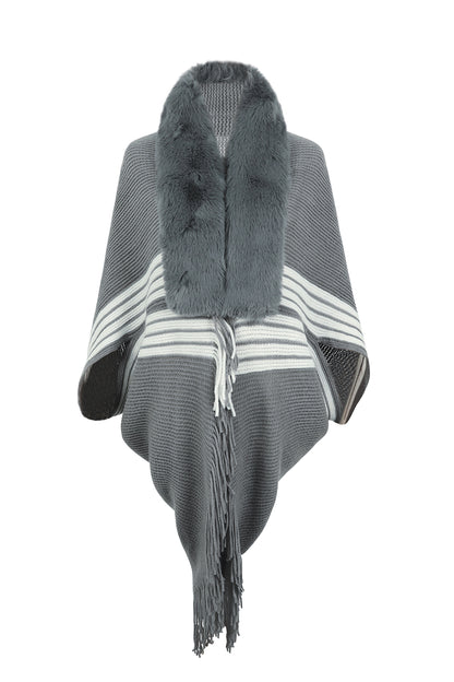 Striped Fringe Detail Long Sleeve Poncho-Angel Casuals