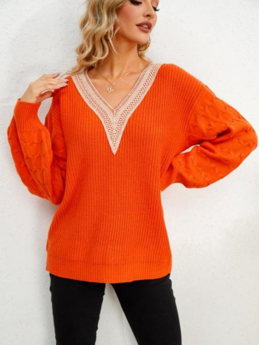 V-Neck Dropped Shoulder Long Sleeve Sweater-Angel Casuals