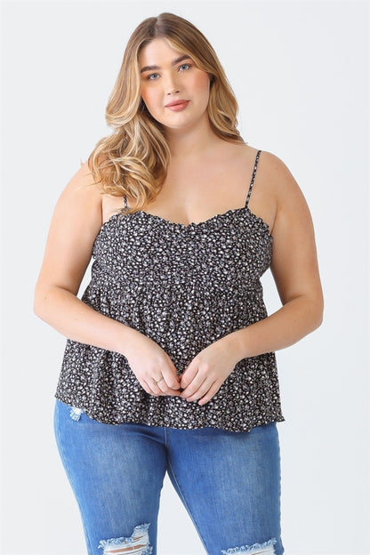 Zenobia Plus Size Frill Smocked Floral Sweetheart Neck Cami-Angel Casuals