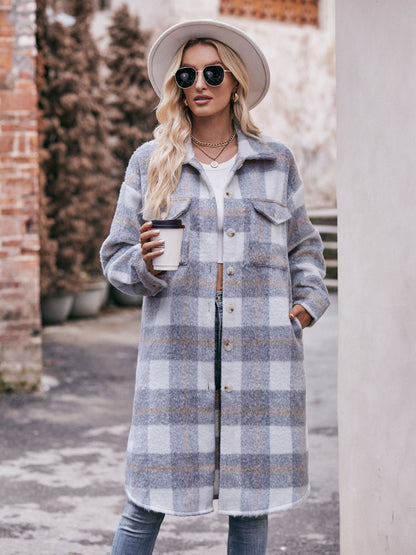 Mandy Plaid Dropped Shoulder Slit Coat-Angel Casuals