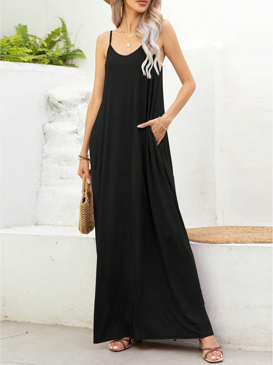 V-Neck Maxi Cami Dress with Pockets-Angel Casuals