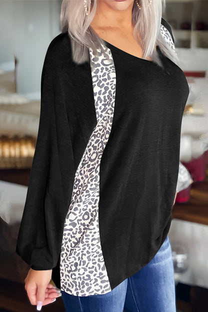 Full Size Leopard V-Neck Long Sleeve T-Shirt-Angel Casuals