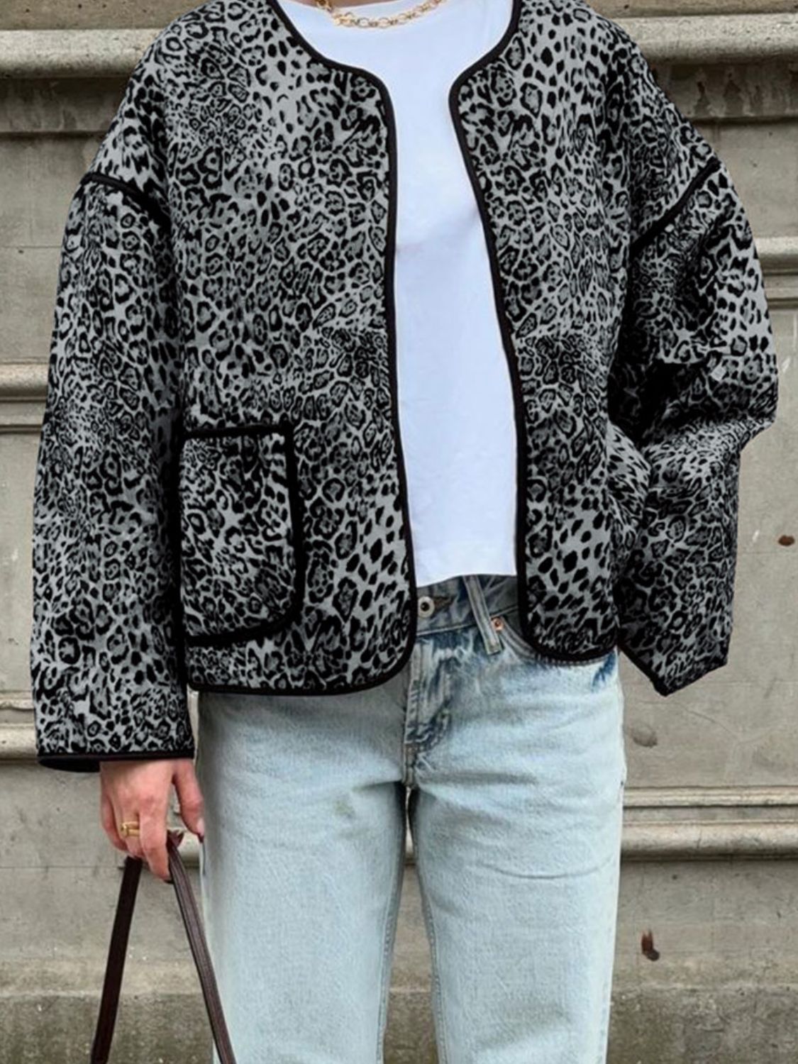 Perfee Leopard Open Front Long Sleeve Jacket-Angel Casuals