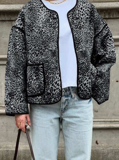 Perfee Leopard Open Front Long Sleeve Jacket-Angel Casuals