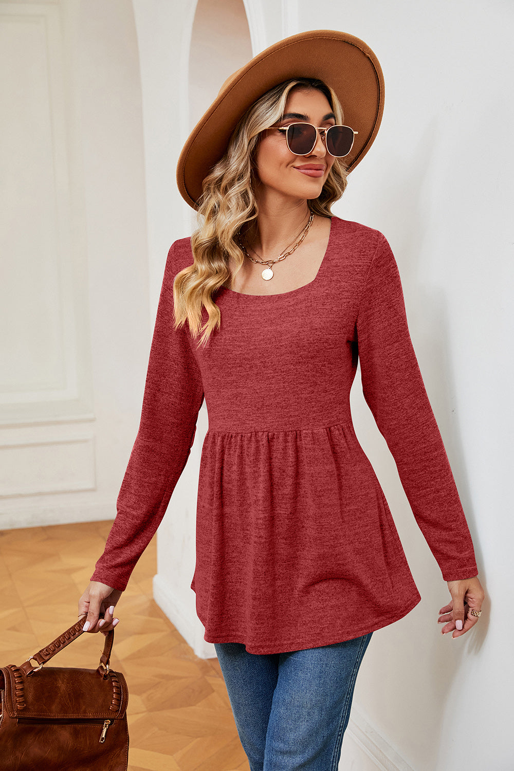 Square Neck Long Sleeve Peplum Top-Angel Casuals