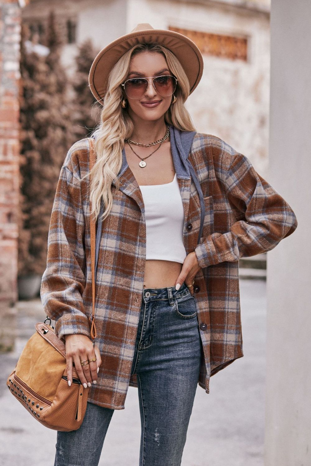 Plaid Dropped Shoulder Hooded Longline Jacket-Angel Casuals