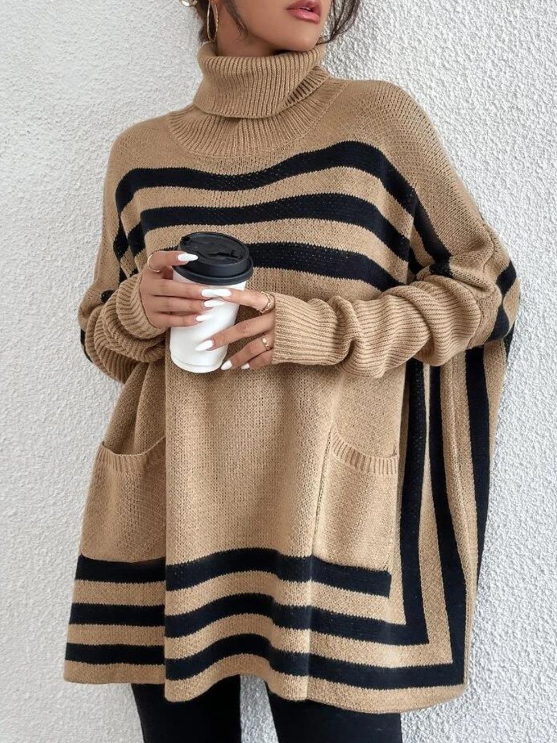 Striped Turtleneck Batwing Sleeve Sweater with Pockets-Angel Casuals