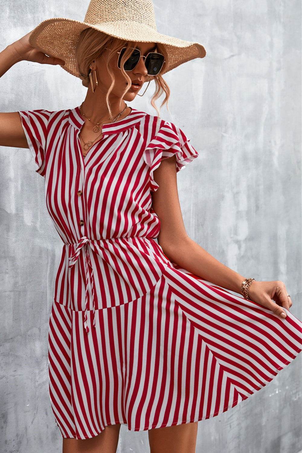 Ruffled Striped Cap Sleeve Mini Dress-Angel Casuals