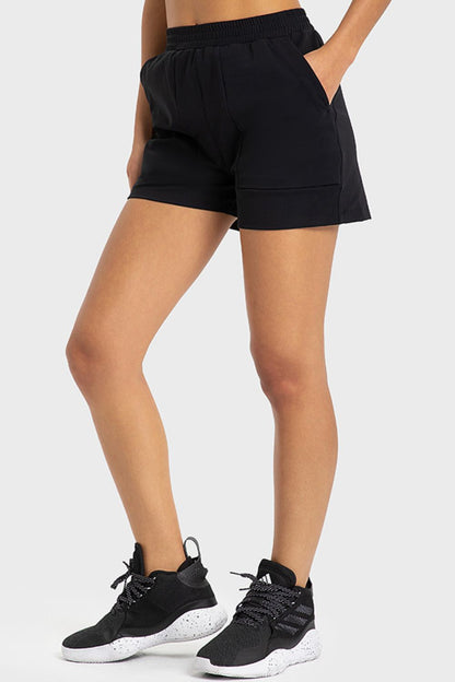 Elastic Waist Sports Shorts with Pockets-Angel Casuals