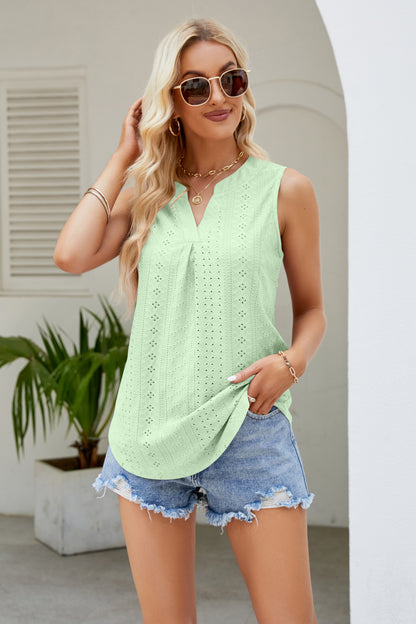 Notched Neck Curved Hem Eyelet Tank-Angel Casuals