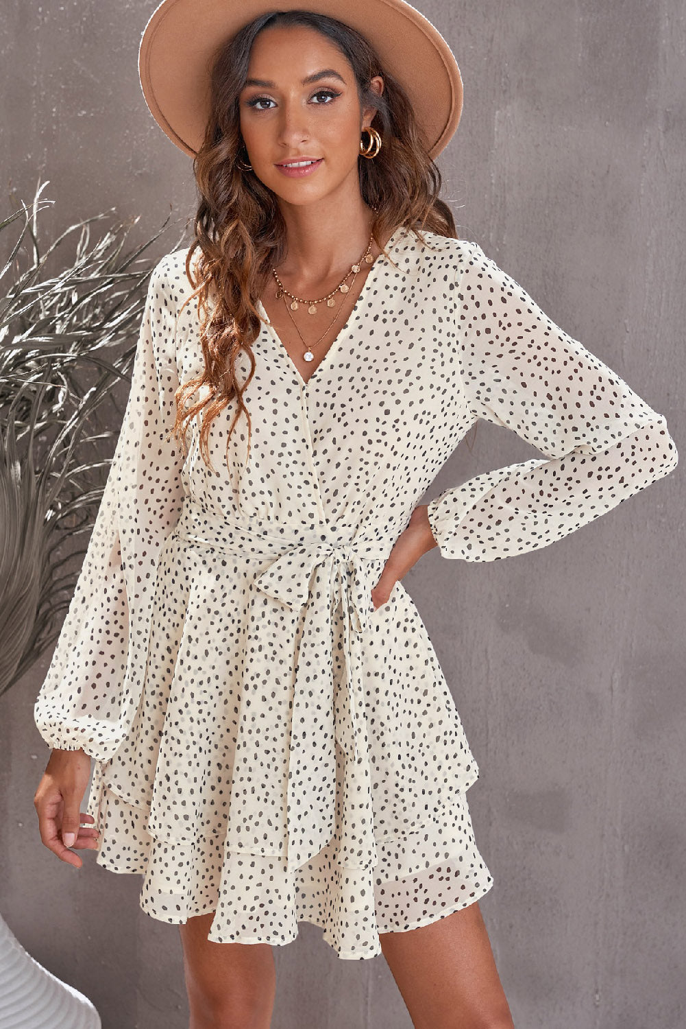 Tied Polka Dot Balloon Sleeve Layered Dress-Angel Casuals