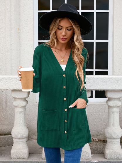Ribbed Button Down V-Neck Long Sleeve Cardigan-Angel Casuals