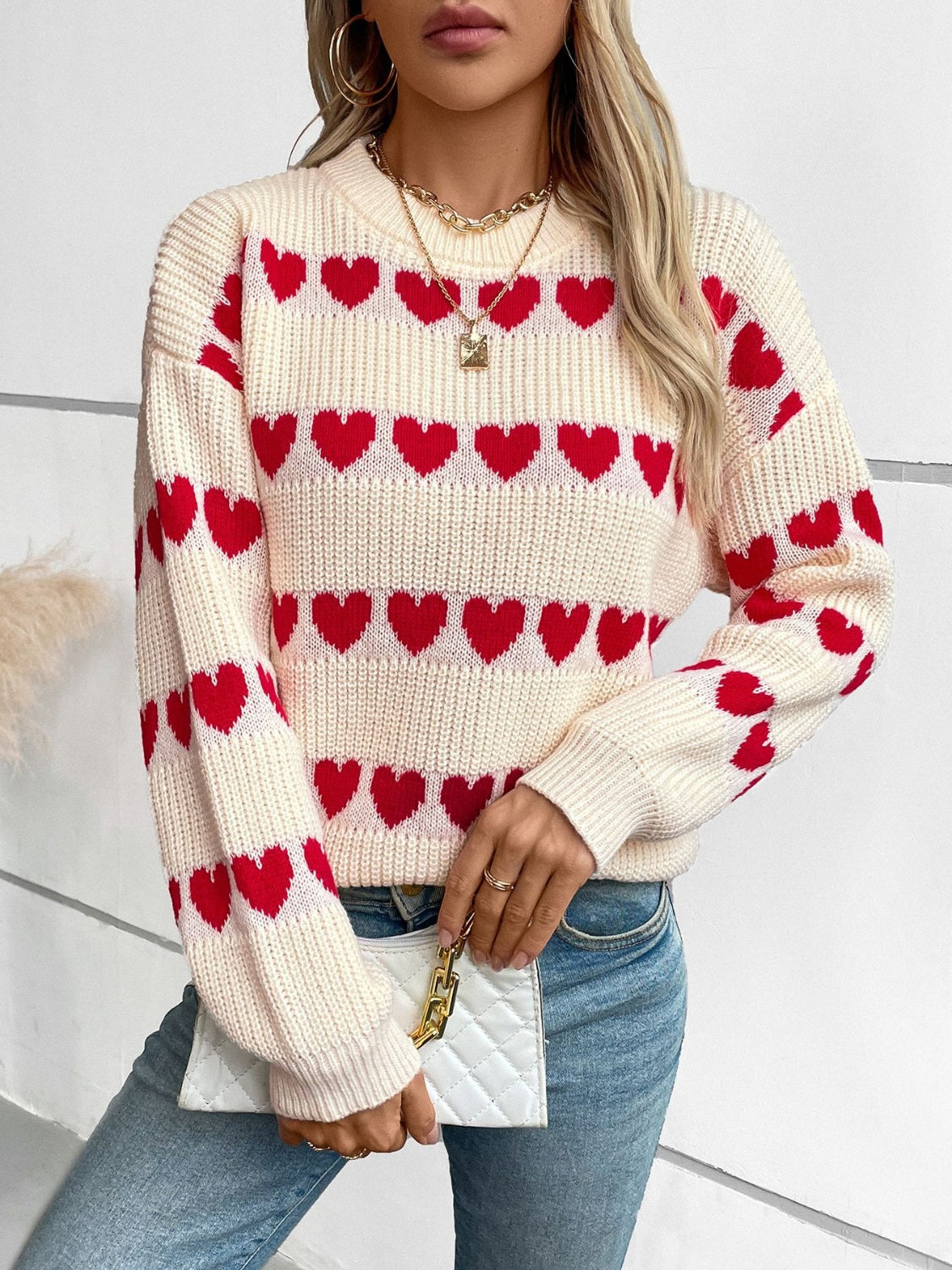 Heart Round Neck Dropped Shoulder Sweater-Angel Casuals