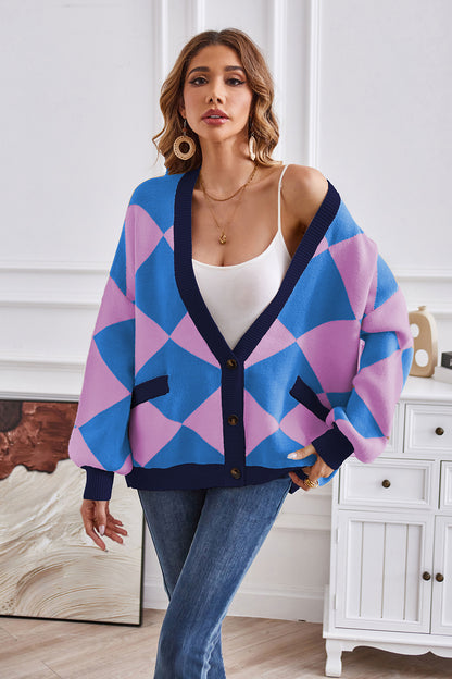 Geometric Lantern Sleeve Cardigan with Pockets-Angel Casuals