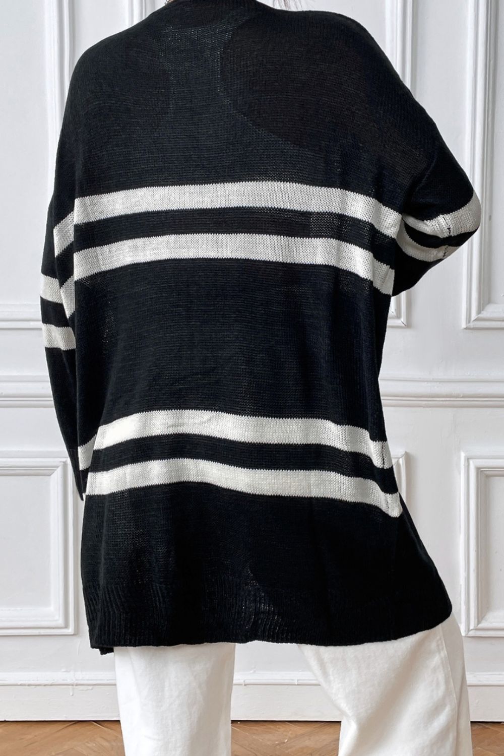 Striped Open Front Dropped Shoulder Cardigan-Angel Casuals