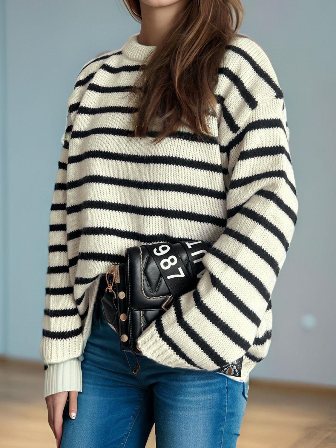 Striped Round Neck Long Sleeve Sweater-Angel Casuals