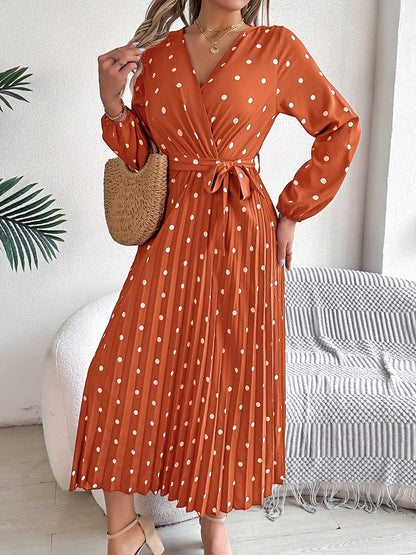 Tied Polka Dot Long Sleeve Midi Dress-Angel Casuals