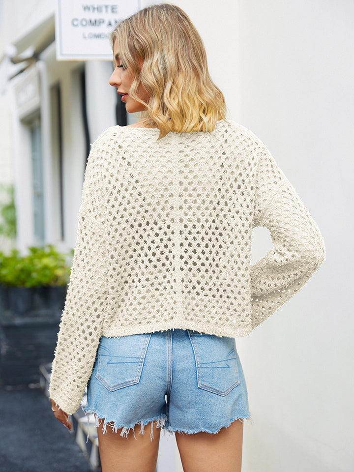 Round Neck Openwork Dropped Shoulder Knit Top-Angel Casuals