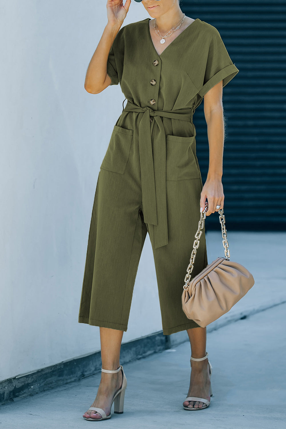 Tie-Waist Buttoned Cropped Jumpsuit-Angel Casuals