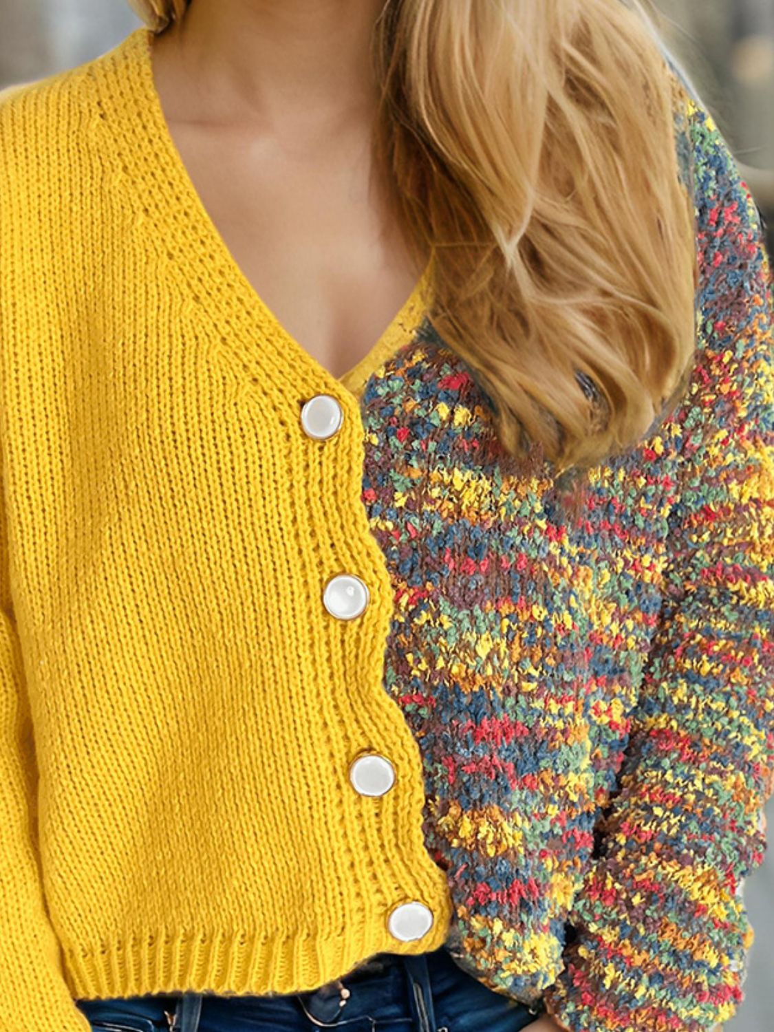 Contrast Button Up V-Neck Cropped Cardigan-Angel Casuals