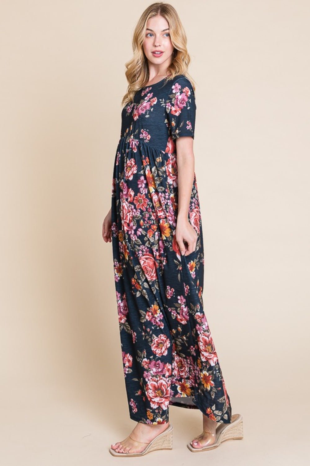 BOMBOM Floral Short Sleeve Maxi Dress-Angel Casuals