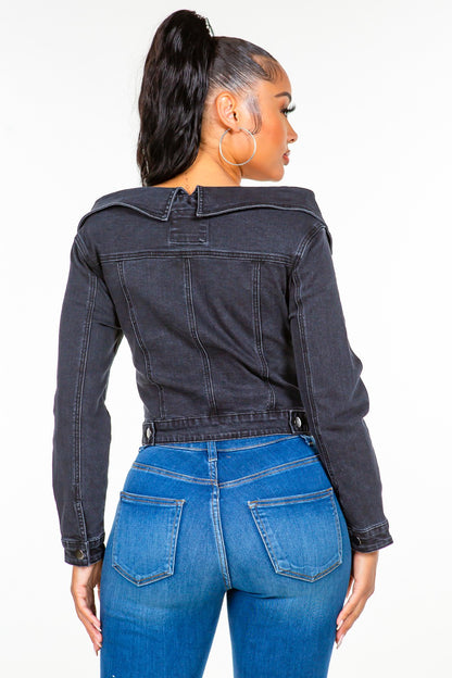 American Bazi Off Shoulder Lace Up Denim Jacket-Angel Casuals