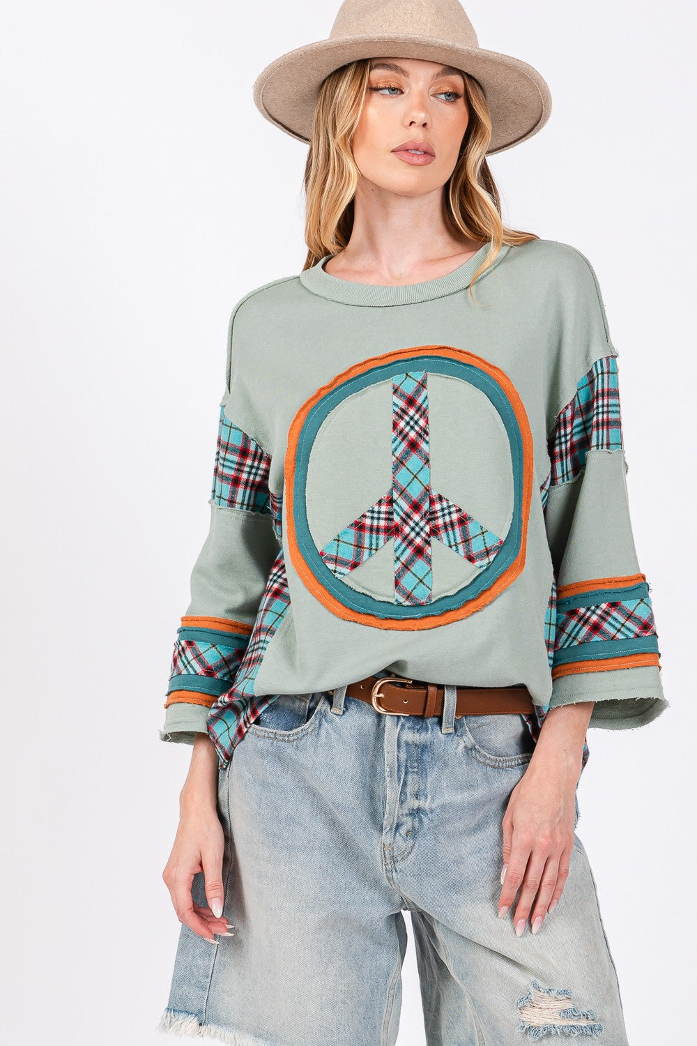 SAGE + FIG Peace Applique Patch Contrast Plaid Top-Angel Casuals