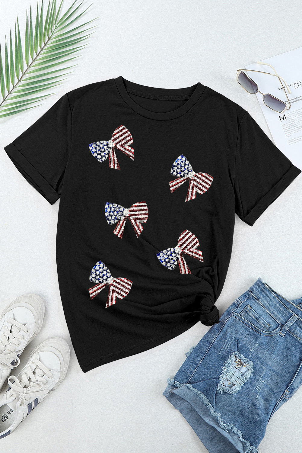 US Flag Round Neck Short Sleeve T-Shirt-Angel Casuals