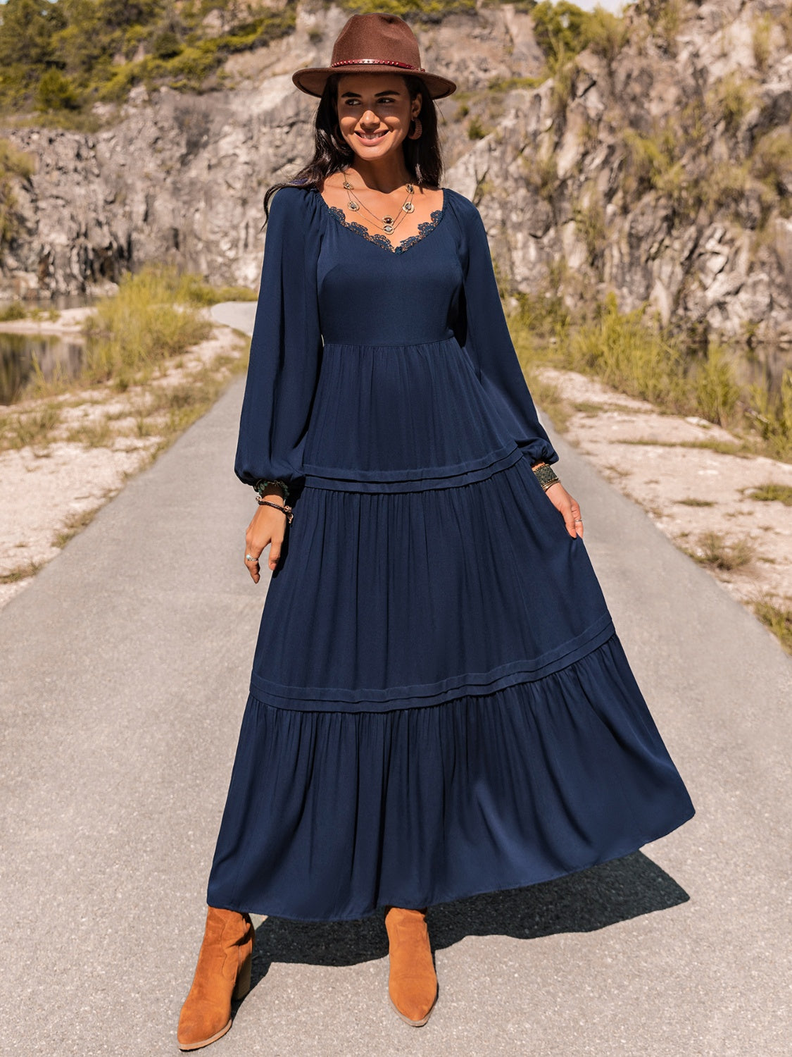 Long Sleeve Lace Trim Maxi Dress-Angel Casuals