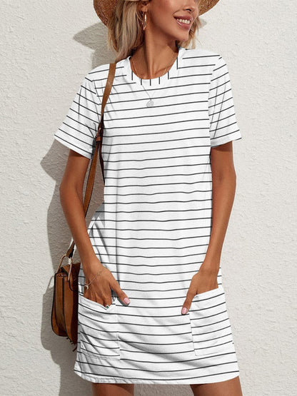 Pocketed Striped Round Neck Short Sleeve Dress-Angel Casuals