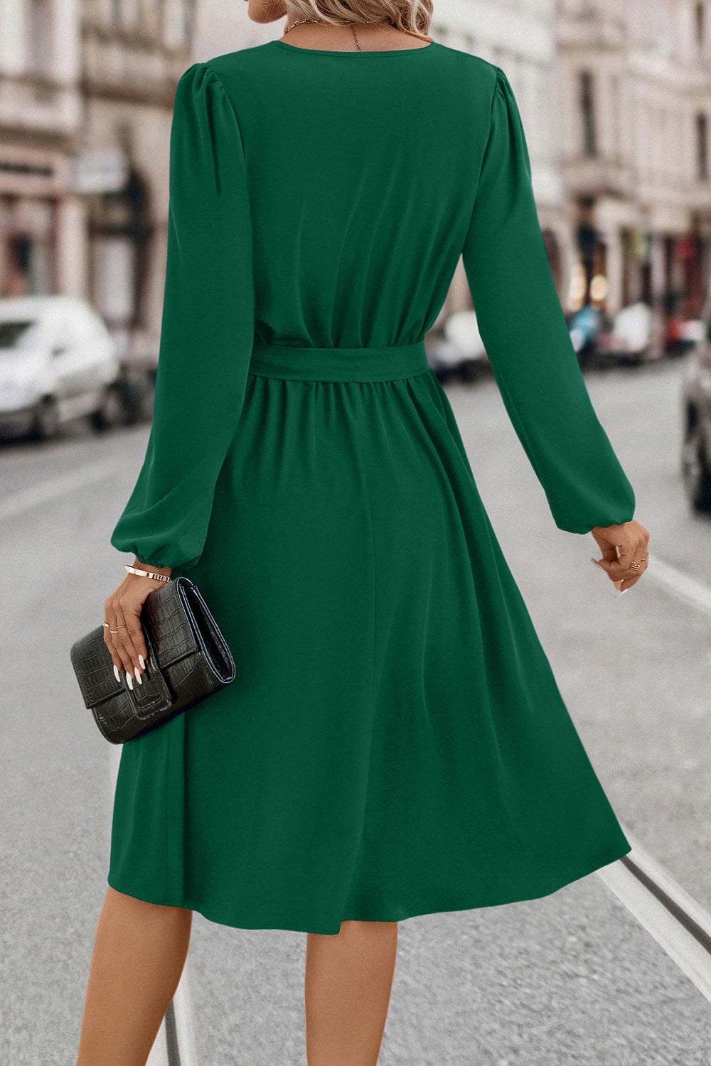 Tie Waist Notched Neck Long Sleeve Dress-Angel Casuals