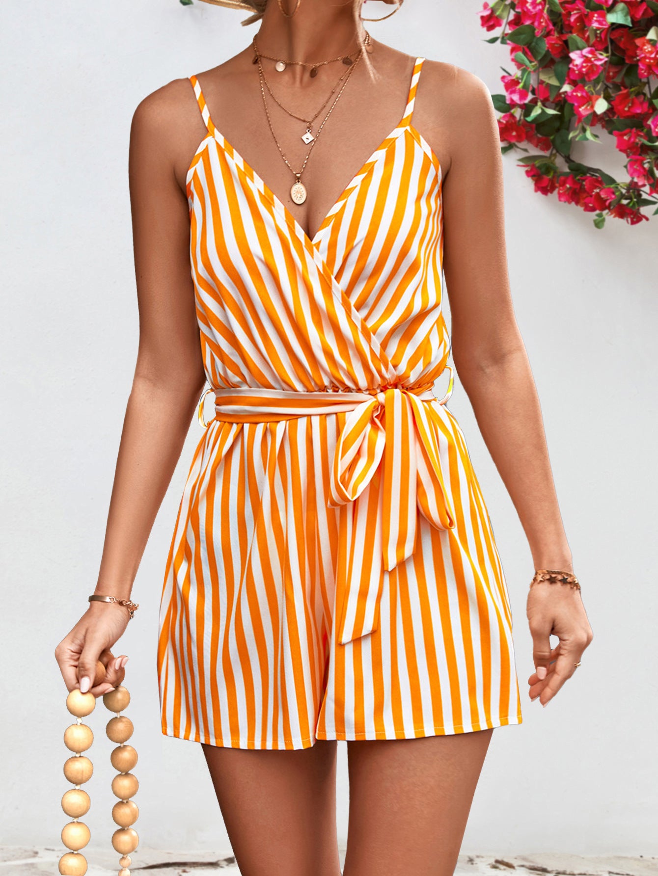 Striped Tie Waist Spaghetti Strap Romper-Angel Casuals