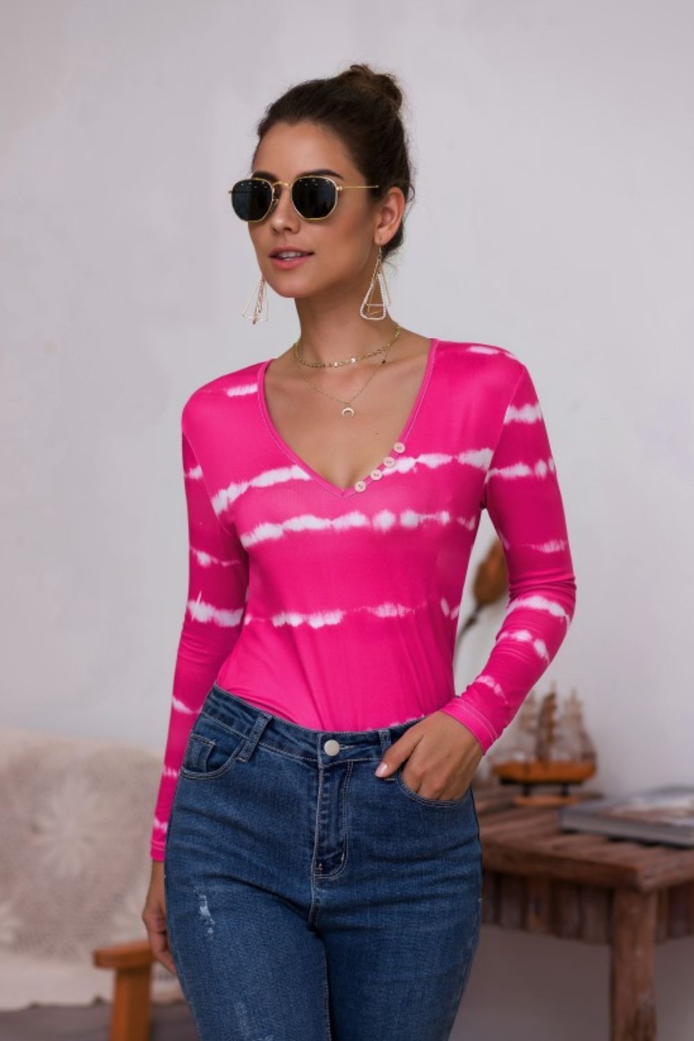 Tie-Dye Plunge Long Sleeve Top-Angel Casuals