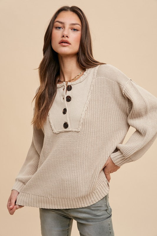 Annie Wear Half Button Ribbed Hem Sweater-Angel Casuals