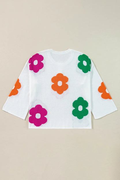 Flower Round Neck Quarter Button Knit Top-Angel Casuals