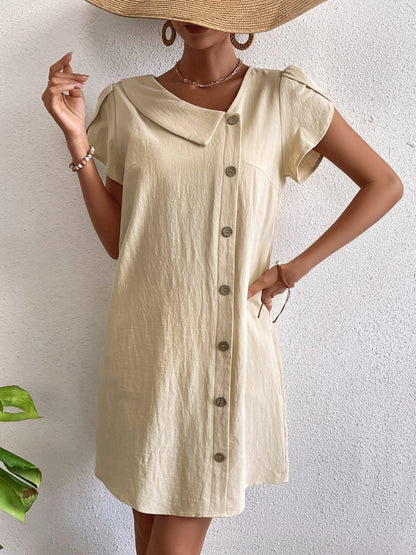 Decorative Button Asymmetrical Neck Short Sleeve Dress-Angel Casuals