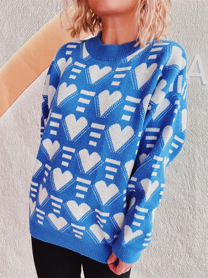 Heart Contrast Long Sleeve Dropped Shoulder Sweater-Angel Casuals