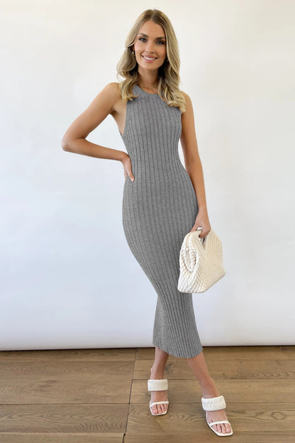 Slit Ribbed Round Neck Sleeveless Dress-Angel Casuals