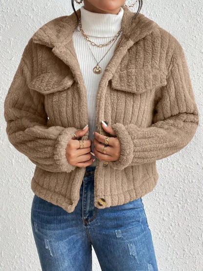 Fuzzy Button Up Collared Neck Jacket-Angel Casuals