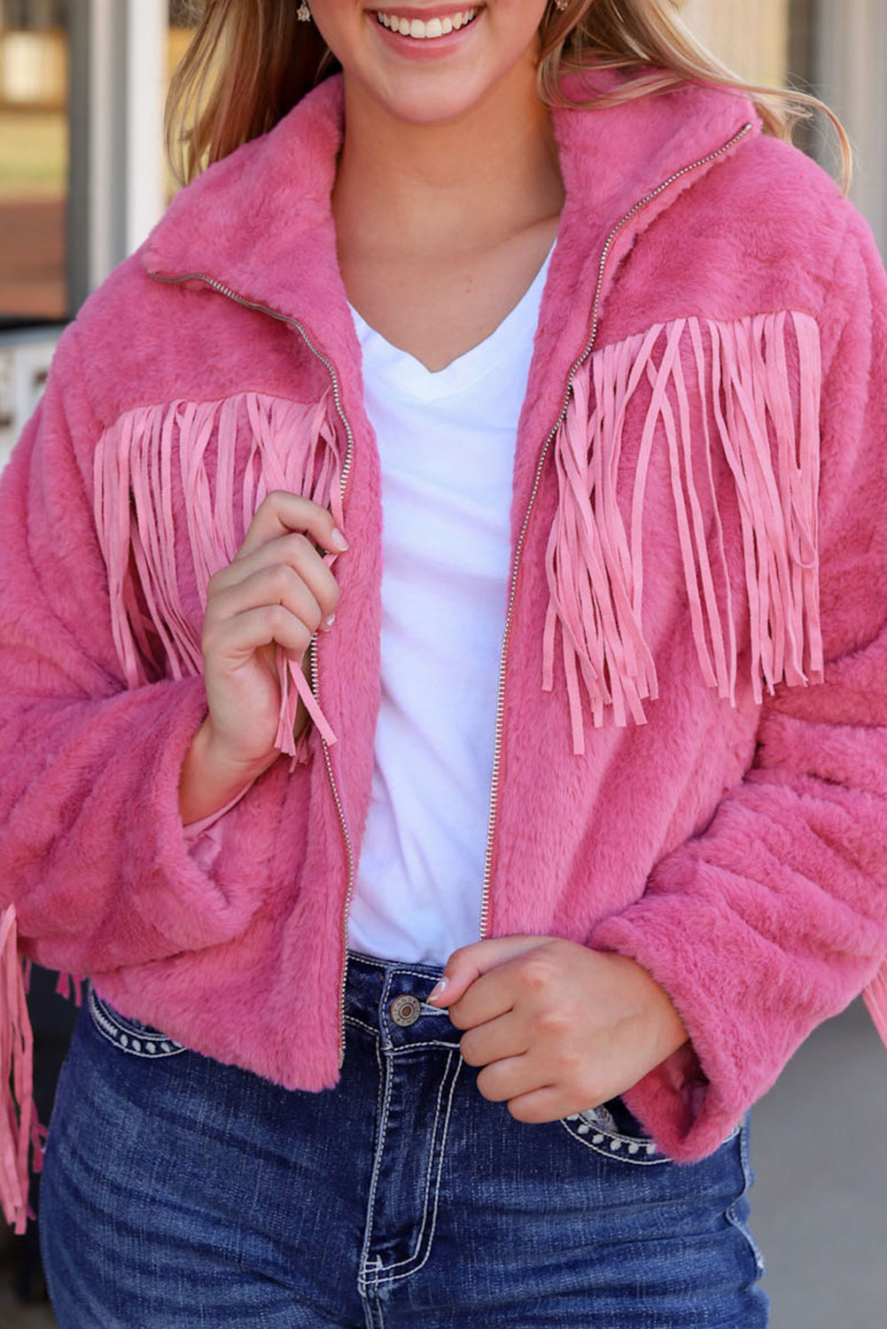 Fringed Zip Up Fleece Jacket-Angel Casuals