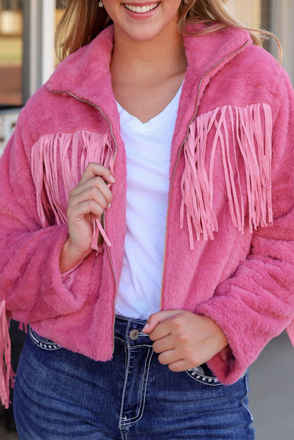 Fringed Zip Up Fleece Jacket-Angel Casuals