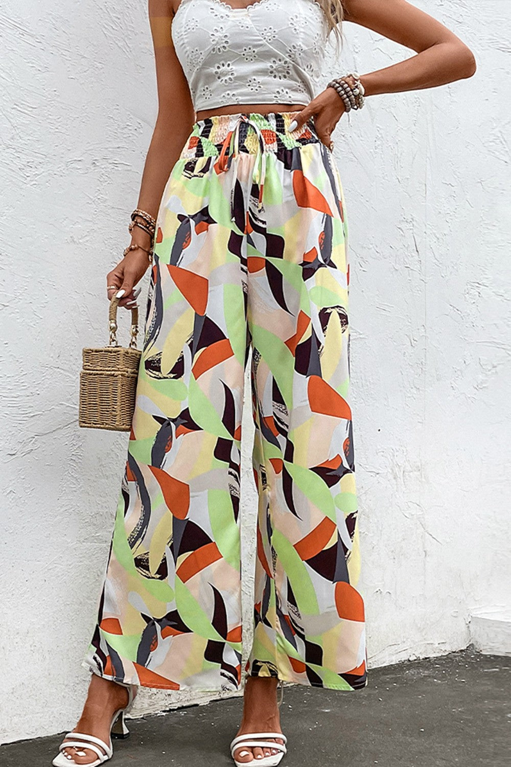 Printed Smocked Waist Wide Leg Pants-Angel Casuals