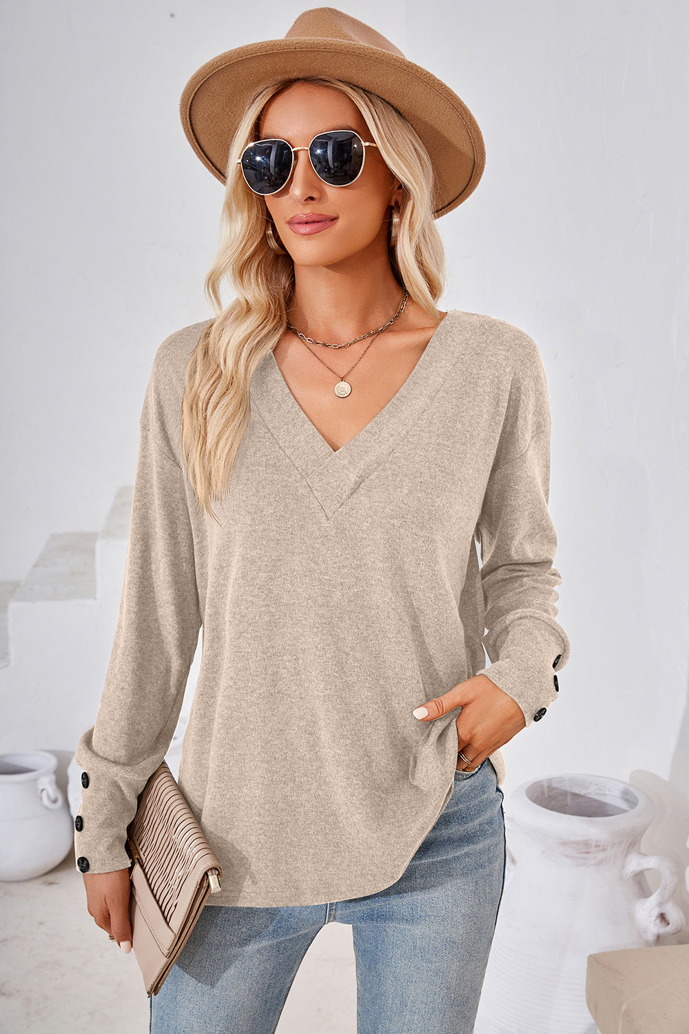 V-Neck Dropped Shoulder T-Shirt-Angel Casuals