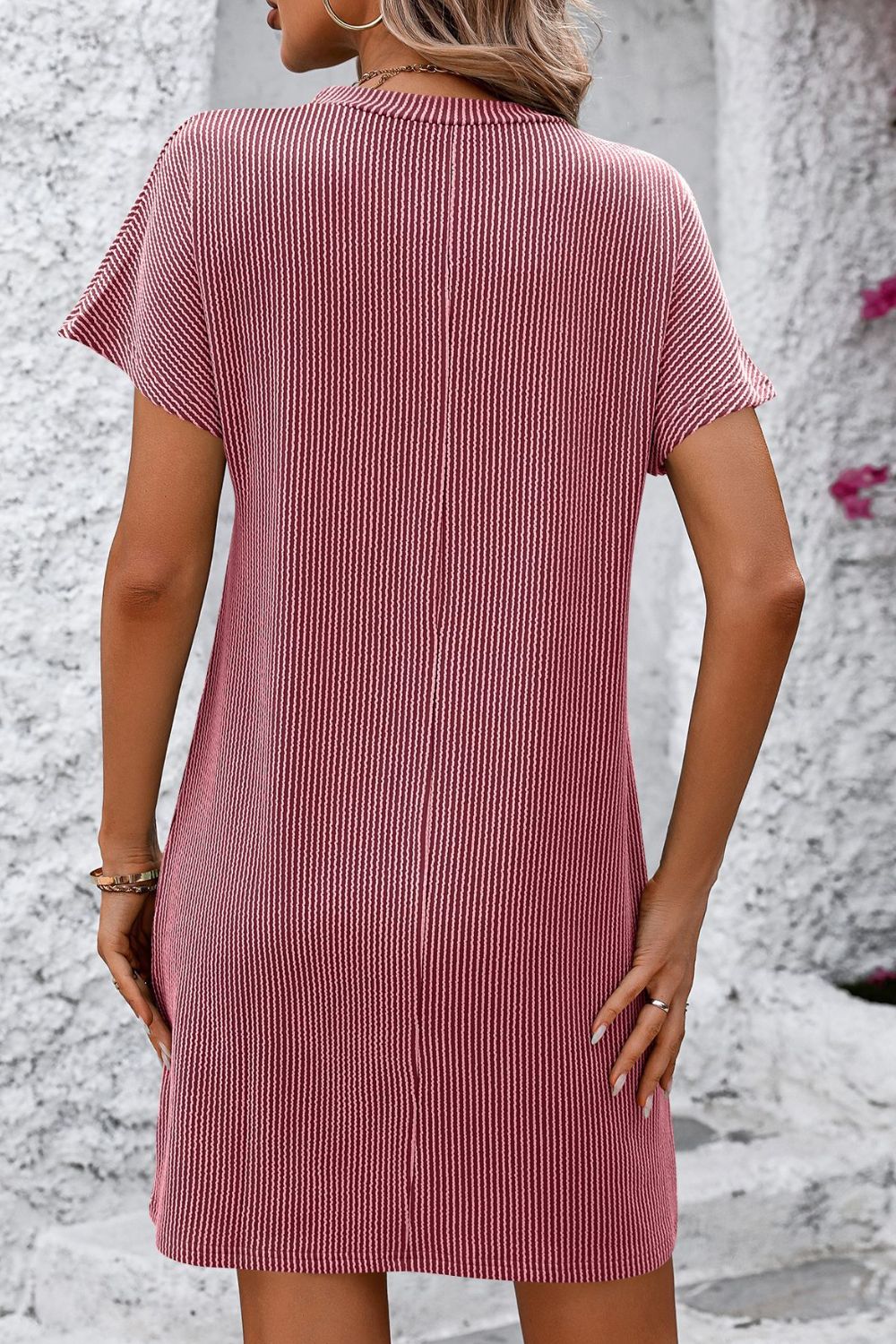 Ribbed Striped Short Sleeve Mini Tee Dress-Angel Casuals