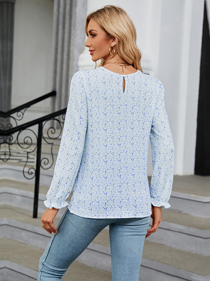 Printed Round Neck Flounce Sleeve Blouse-Angel Casuals