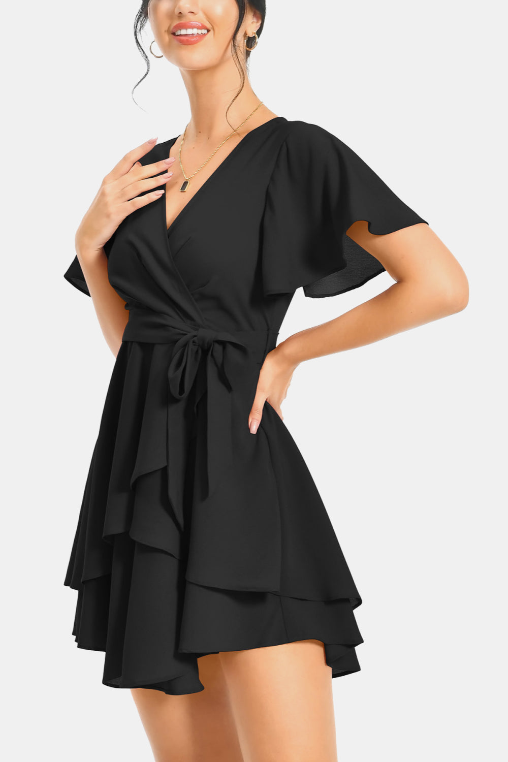 Surplice Neck Flutter Sleeve Dress-Angel Casuals