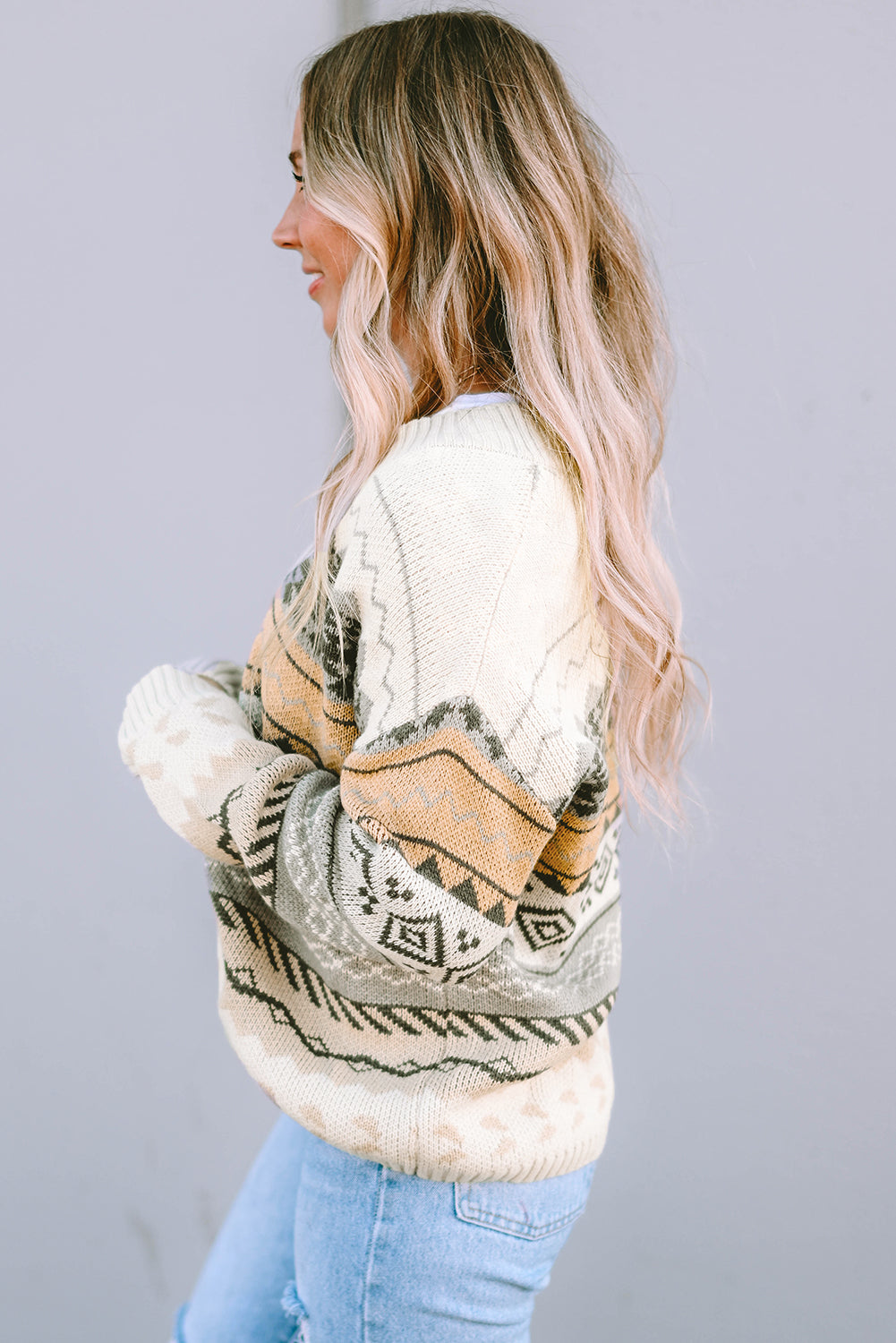 Geometric V-Neck Dropped Shoulder Sweater-Angel Casuals