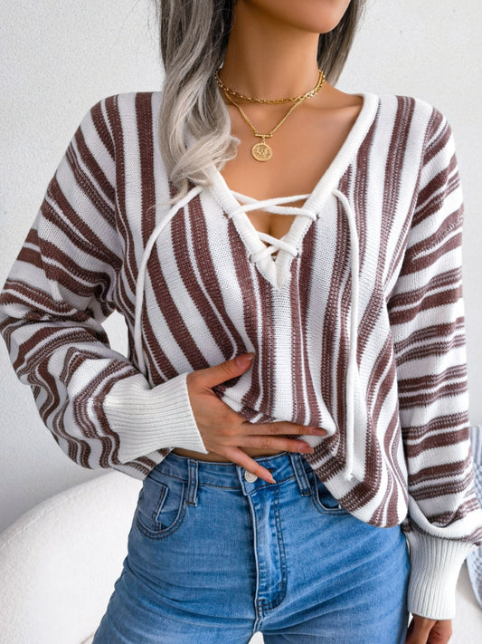 Striped Lace-Up Long Sleeve Sweater-Angel Casuals